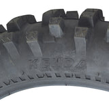 Close-up of the Kenda 90/100-16 Trakmaster II Dirt Bike Tire with K760 Tread, highlighting its aggressive tread pattern and durable sidewall construction.