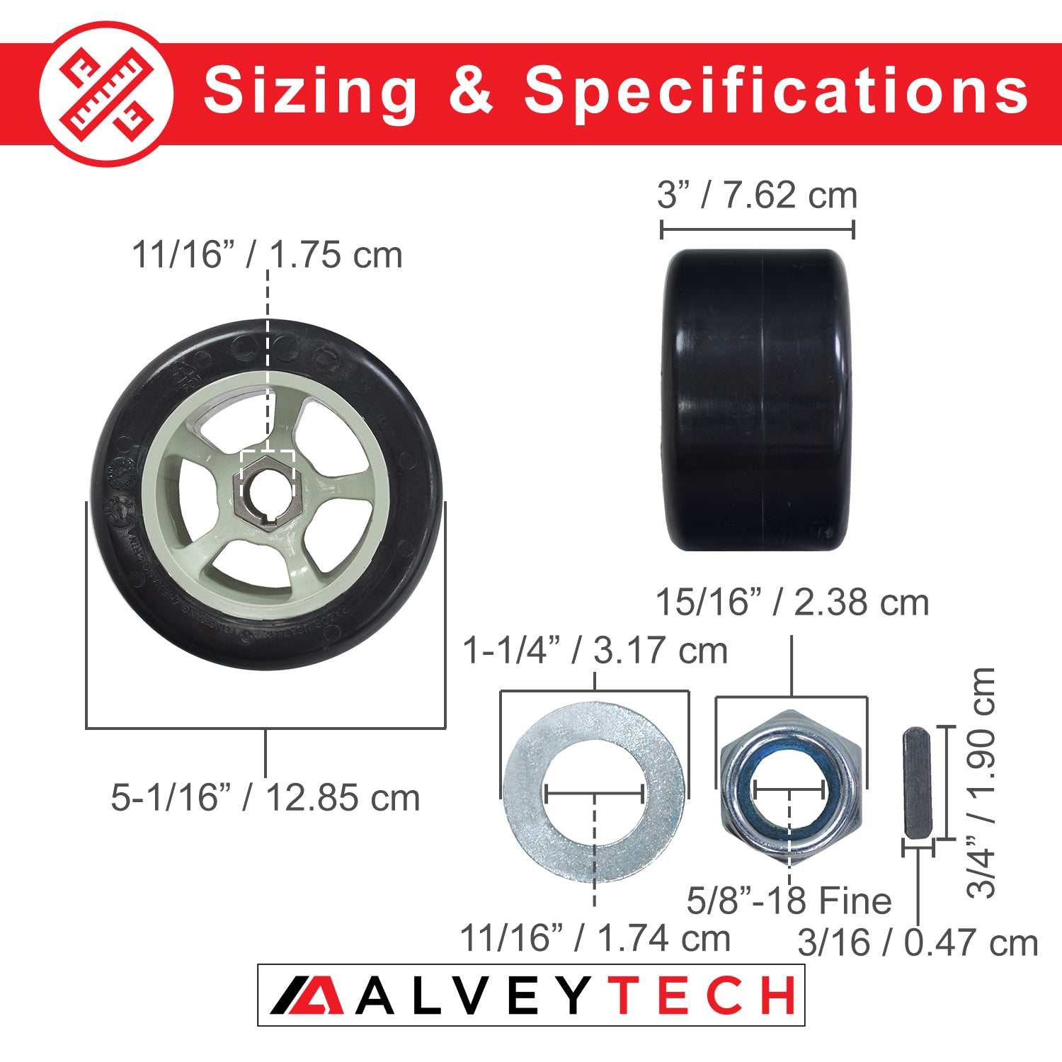 Set of 2 Super Slider POM Rear Wheels for the Razor Ground Force Drifter (Blemished) featuring close-ups of the wheels, nuts, and size chart, emphasizing their ready-to-mount condition without hardware.