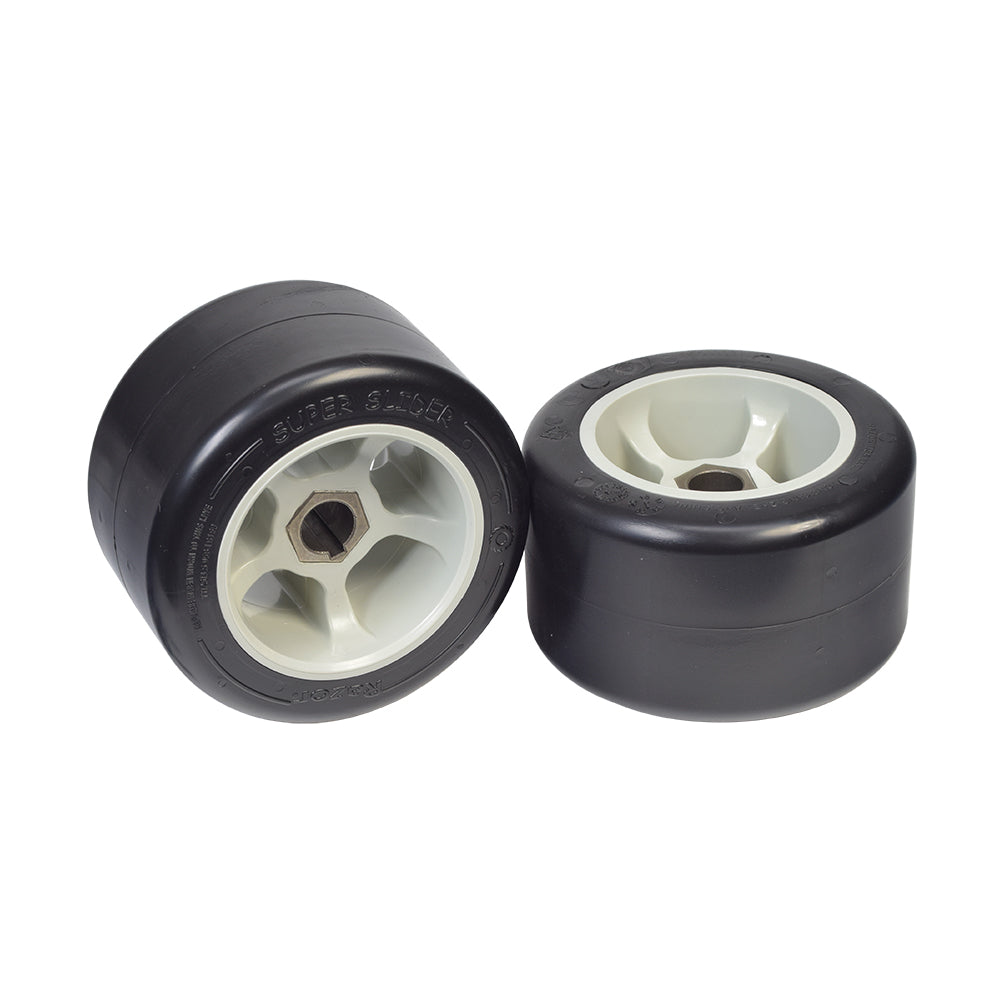 Super Slider POM Rear Wheels for the Razor Ground Force Drifter (Set of 2) featuring black wheels with white rims, designed for precise drifts and power slides on electric go-karts.