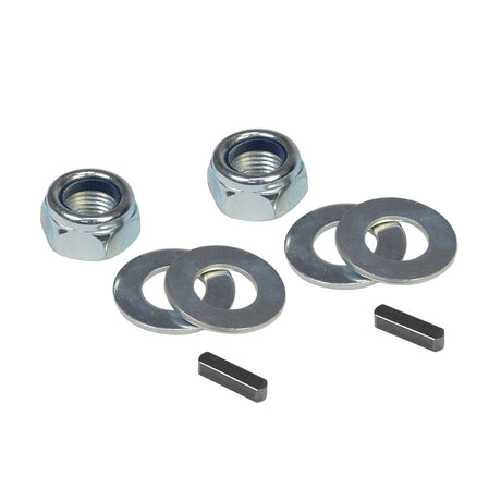 Super Slider POM Rear Wheels for the Razor Ground Force Drifter (Set of 2) showing a close-up of metal nuts, washers, and a small black metal bar, highlighting precision-engineered fasteners.