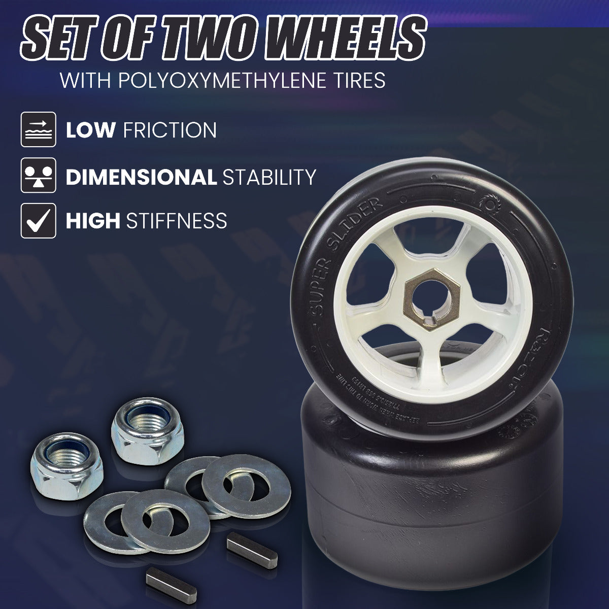 Super Slider POM Rear Wheels for the Razor Ground Force Drifter (Set of 2) featuring white rims and metal nuts, designed for high-performance slides and drifts on electric go-karts.