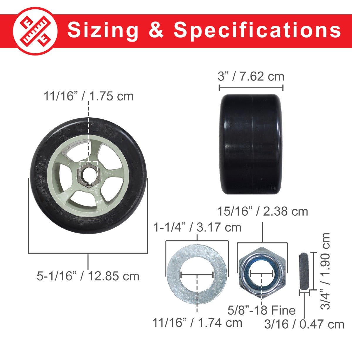 Super Slider POM Rear Wheels for the Razor Ground Force Drifter (Set of 2) shown with a central nut and detailed size chart for precise fitment on electric go-karts.