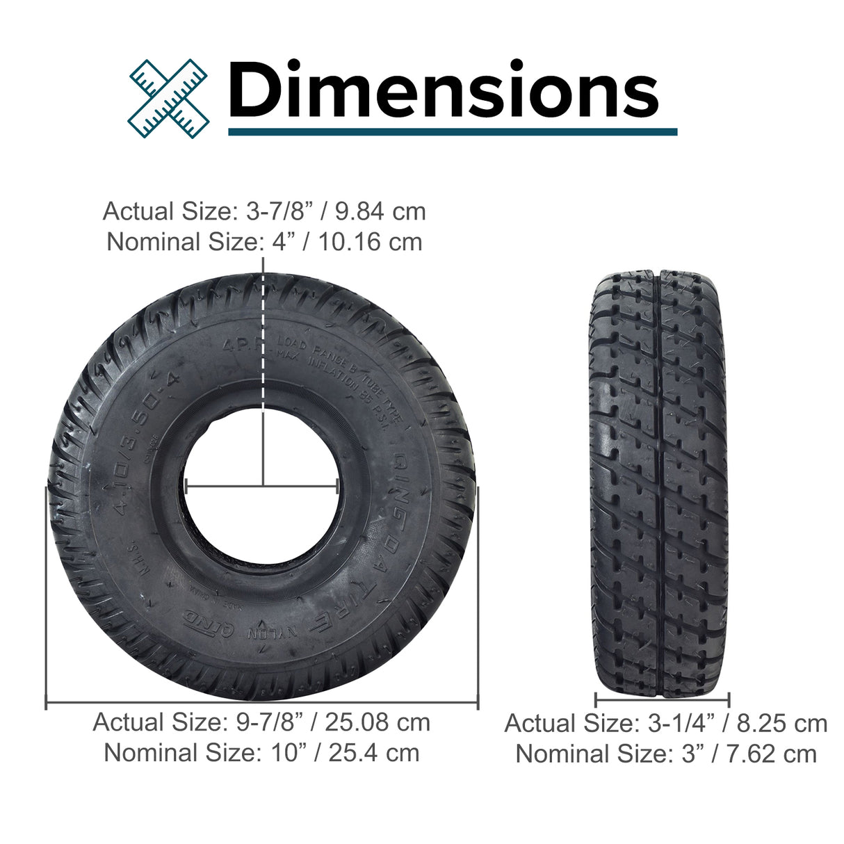 4.10/3.50-4 Pneumatic Scooter Tire with Q110 Tread shown in a size comparison, highlighting close-up details of the tread and measurements.