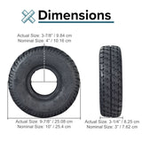 4.10/3.50-4 Pneumatic Scooter Tire with Q110 Tread shown in a size comparison, highlighting close-up details of the tread and measurements.