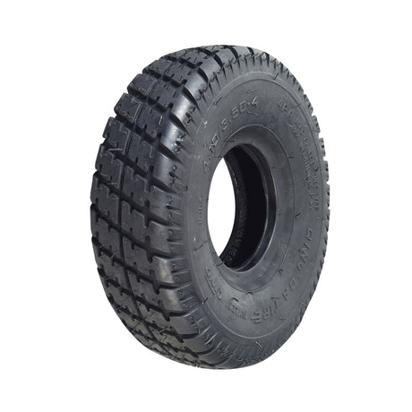 4.10/3.50-4 Pneumatic Scooter Tire with Q110 Tread, featuring a black rubber construction with a central hole, ideal for recreational scooters and mini ATVs. Option for matching inner tubes available.