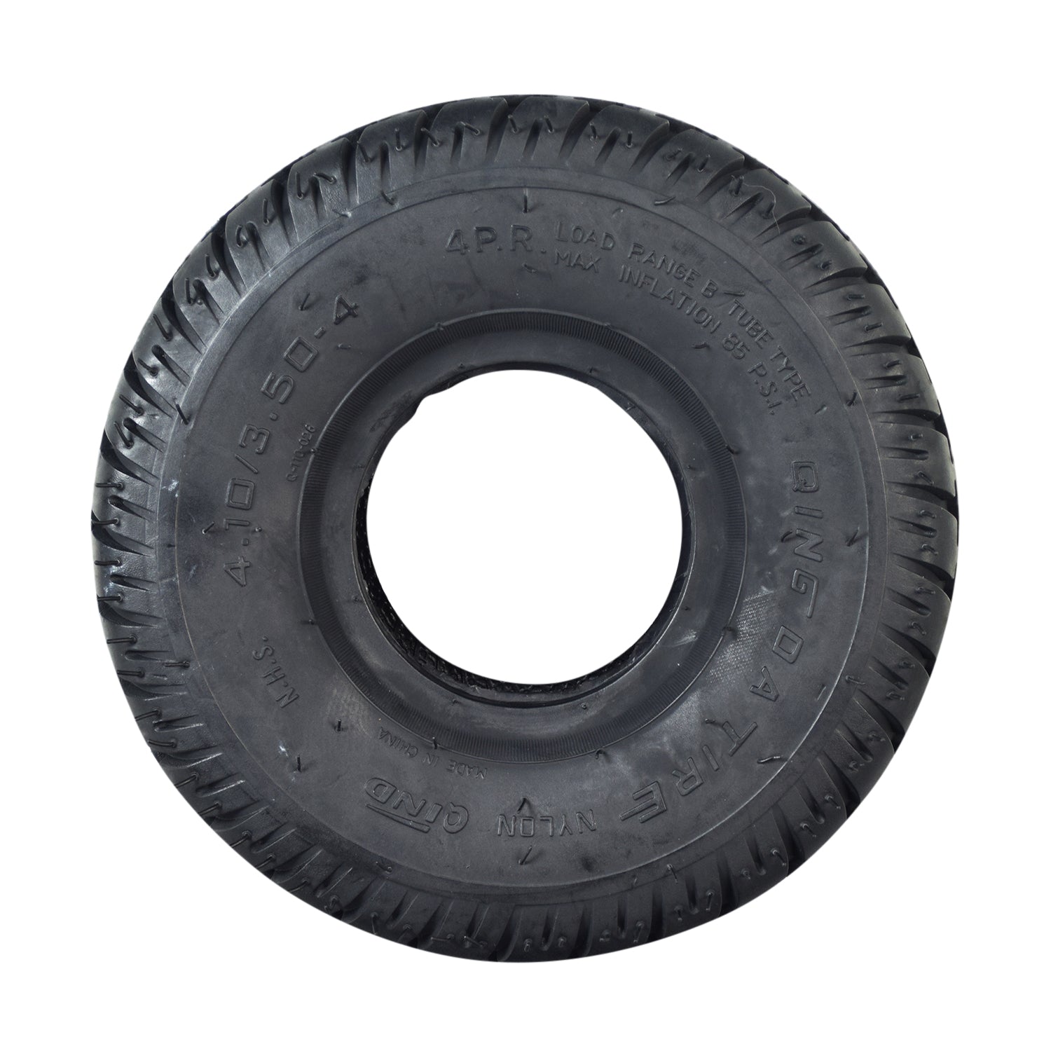 4.10/3.50-4 Pneumatic Scooter Tire with Q110 Tread, featuring a black, synthetic rubber build and a distinct tread pattern, suitable for scooters and mini ATVs.