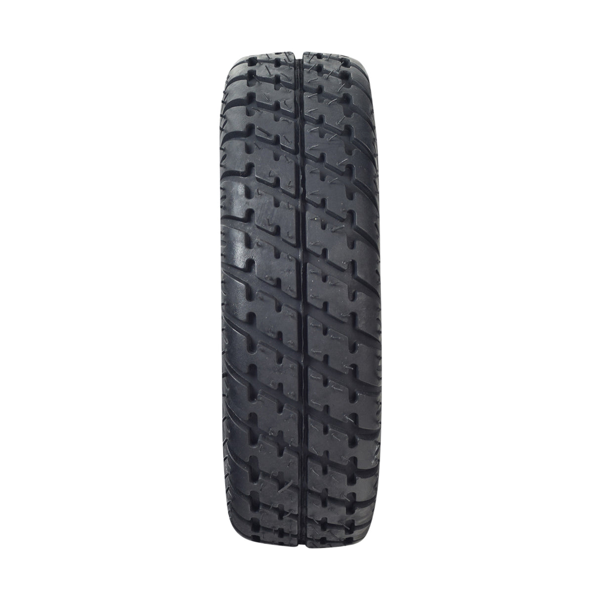 Close-up of a 4.10/3.50-4 Pneumatic Scooter Tire with Q110 Tread, showcasing its detailed synthetic rubber tread pattern. Suitable for scooters and mini ATVs, available with an optional angled valve tube.