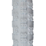 12-1/2x2-1/4 MX3 White BMX-Style Tire with visible knobby tread and distinctive holes, suitable for kid's bikes or small electric scooters, offering durability and style.