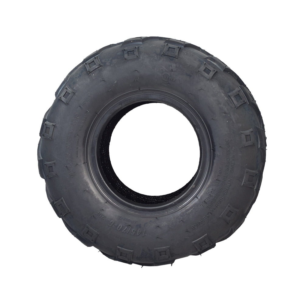 145/70-6 tire with V-tread for Baja Blitz, Dirt Bug, Doodle Bug, and Racer mini bikes, featuring bold V-tread pattern, visible white circle, and aggressive design ideal for mud and loose surfaces.