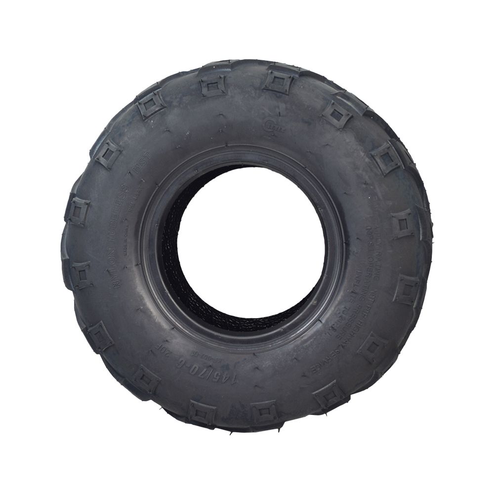 145/70-6 Tire for the Coleman RB100 105cc Mini Bike, featuring a distinctive V-tread pattern, designed for 6 rims, suitable for both front and rear use, and supports up to 165 lbs.