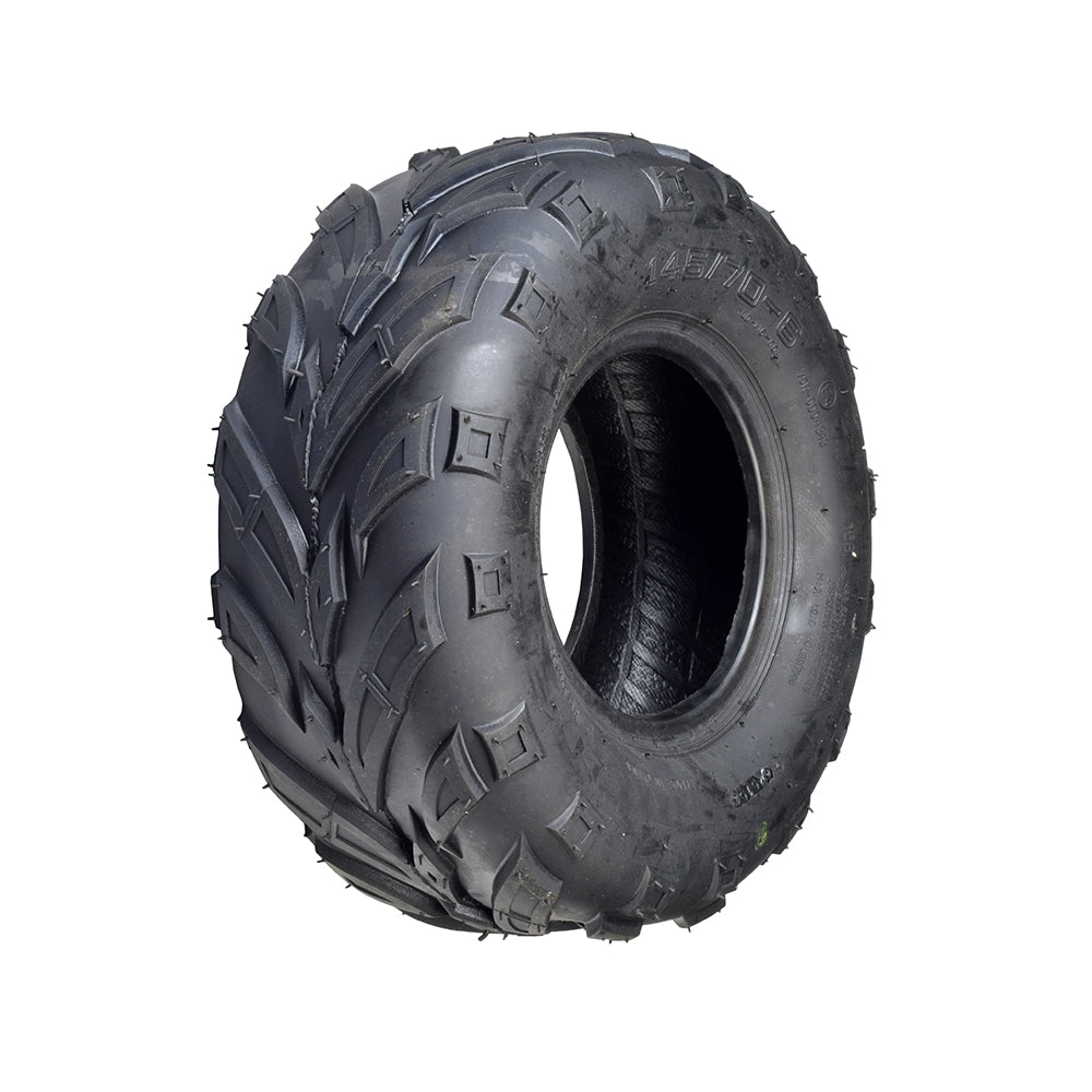 145/70-6 Tire for the Monster Moto / Mega Moto Classic 105cc & MM-B80 80cc Mini Bikes, featuring an aggressive V-tread pattern, ideal for dirt bikes, ATVs, and go-karts on loose surfaces.