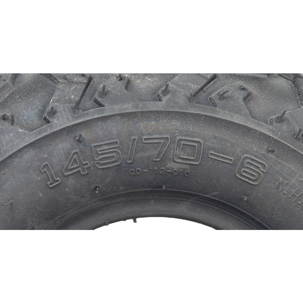 Close-up of the 145/70-6 tire for the Coleman RB100 105cc Mini Bike, showcasing its mud-slinging V-tread pattern and compatibility with 6 rims.