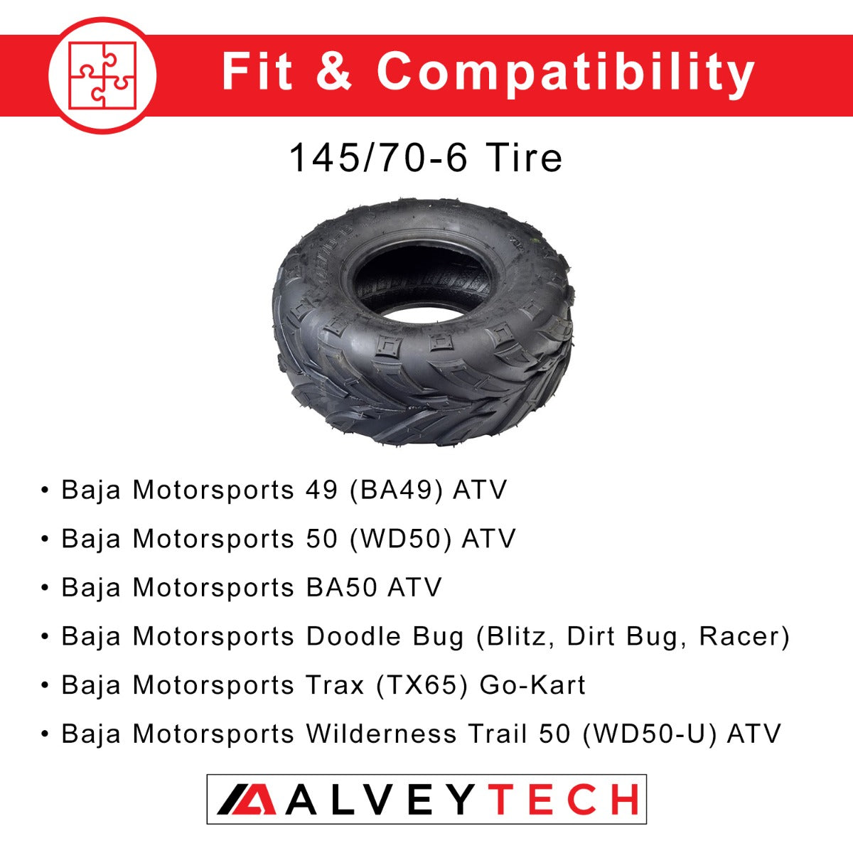 145/70-6 Tire with V-Tread for the Baja Blitz, Dirt Bug, Doodle Bug, & Racer Mini Bikes, showcasing an aggressive V-tread pattern ideal for mud, sand, and gravel terrains.