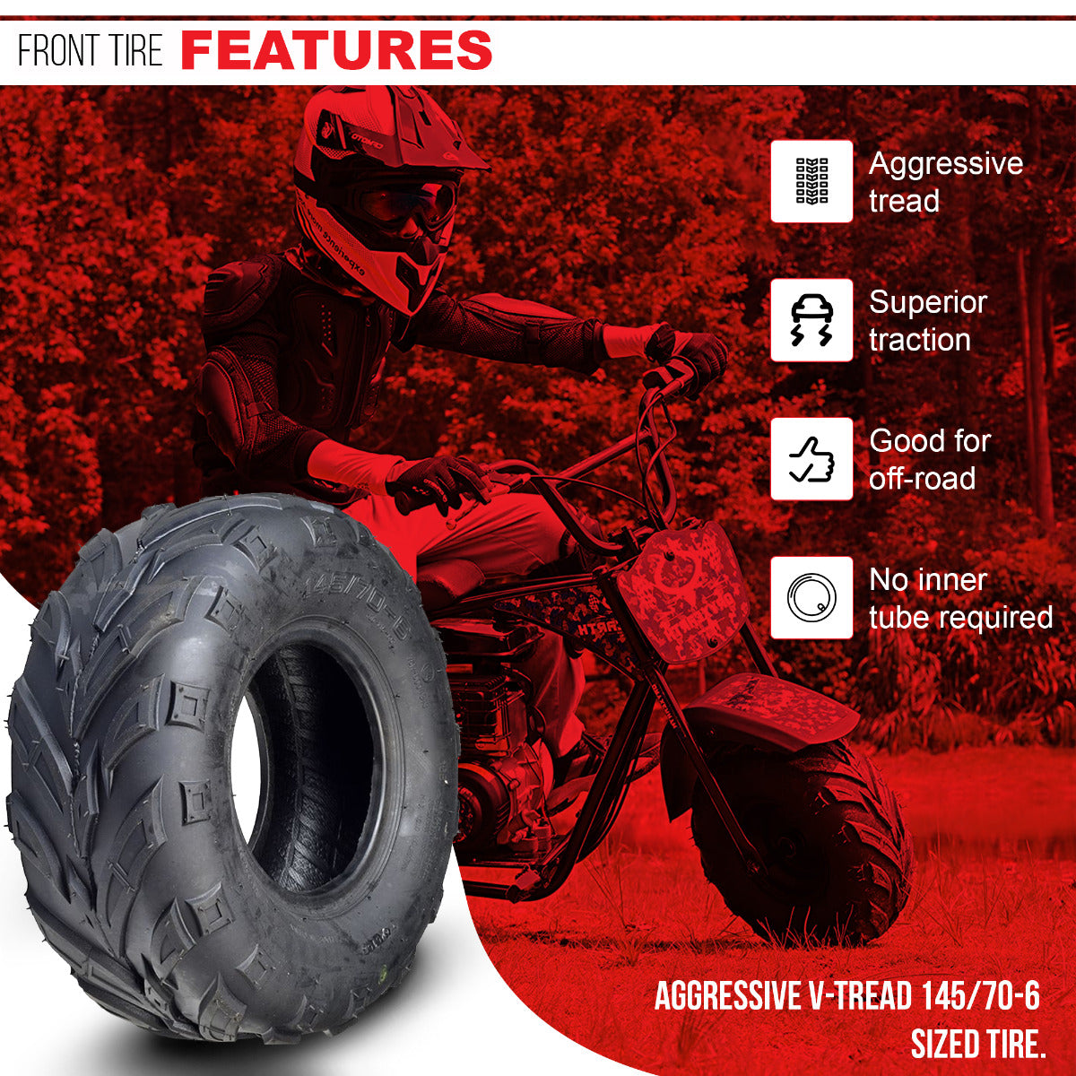 145/70-6 Tire for the Monster Moto / Mega Moto Classic 105cc & MM-B80 80cc Mini Bikes featuring an aggressive V-tread pattern, shown on a motorcycle with a rider wearing a helmet and goggles.