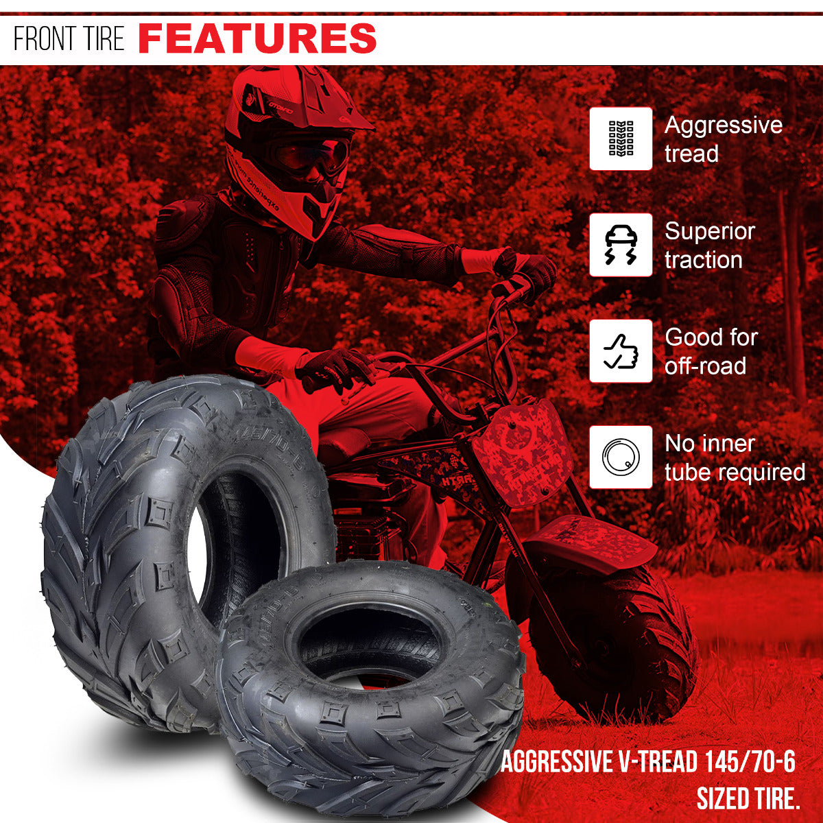 145/70-6 Off-Road Mini Bike Tires (Set of 2), shown with aggressive tread patterns for enhanced traction on dirt and mud, mounted on mini bike rims for off-road use.