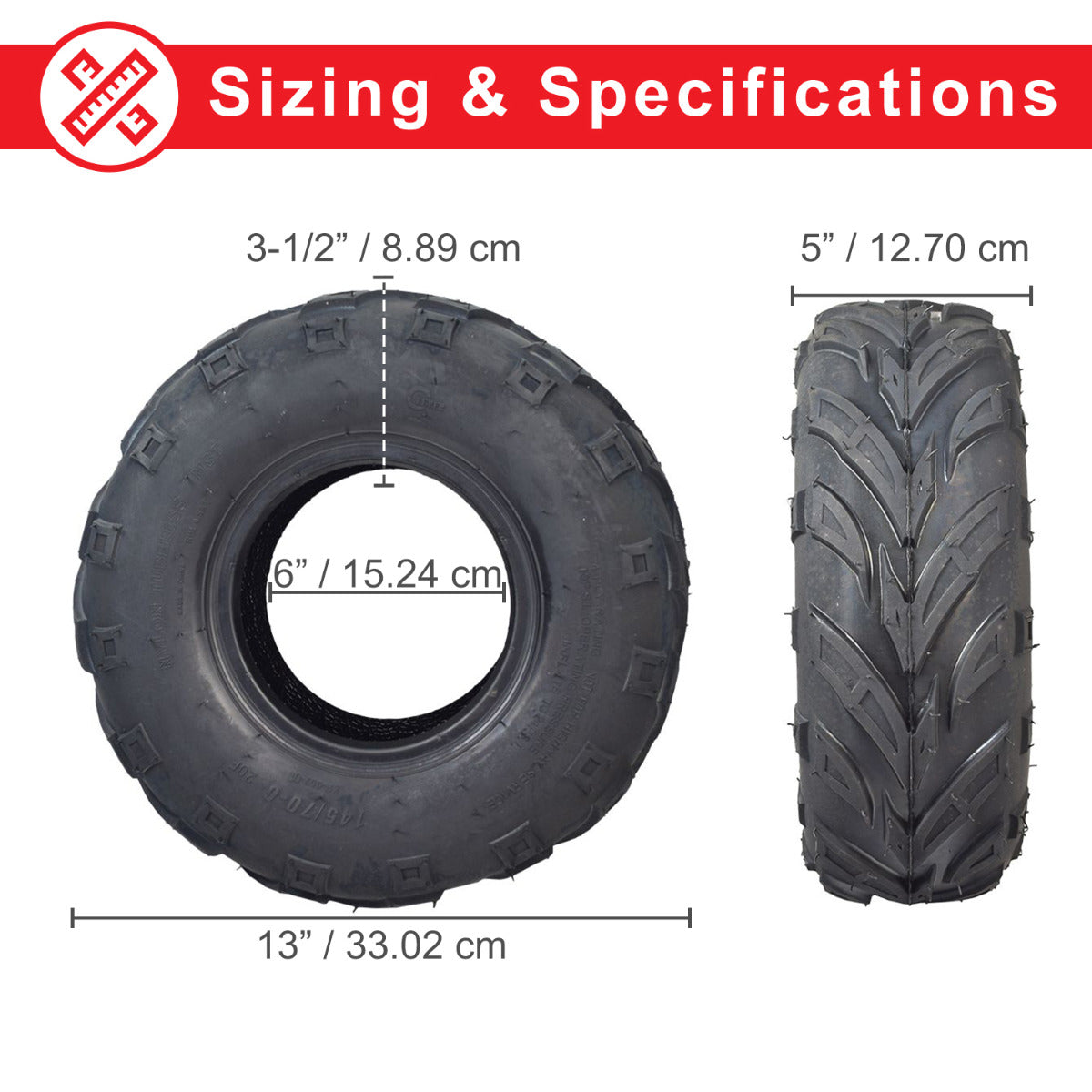 145/70-6 Front Tire with V-Tread for Coleman KT196 & CK196 Go-Karts, shown in a size comparison, highlighting its aggressive V-tread pattern ideal for loose surfaces like sand and gravel.