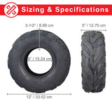 145/70-6 Tire for the Monster Moto / Mega Moto Classic 105cc & MM-B80 80cc Mini Bikes, featuring an aggressive V-tread pattern, shown in a comparison chart with measurements.