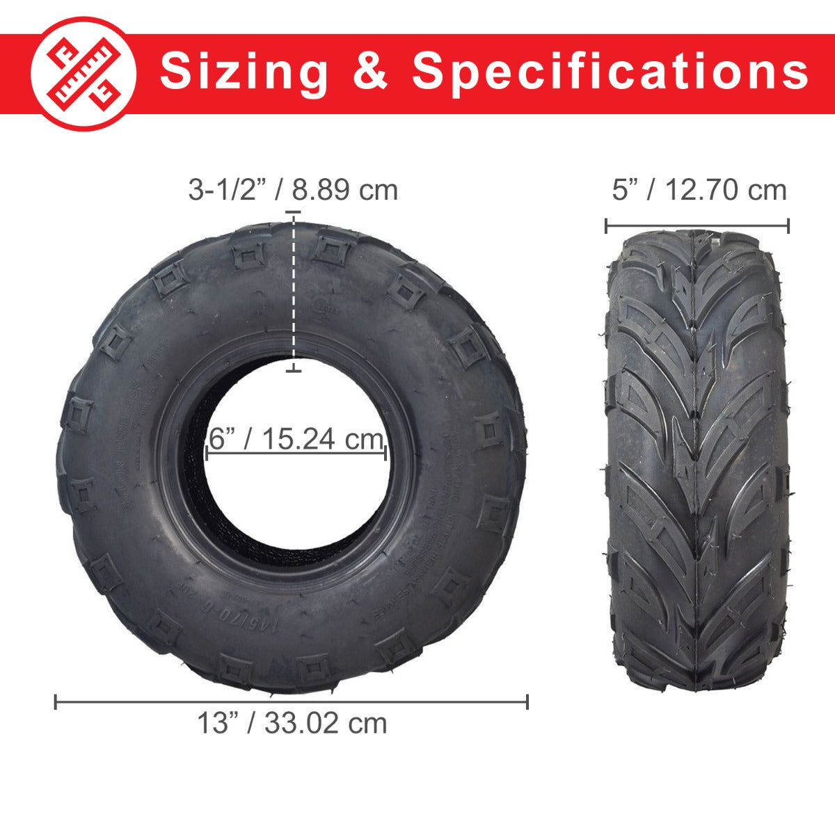 145/70-6 Tire with V-Tread for the Baja Blitz, Dirt Bug, Doodle Bug, & Racer Mini Bikes, showing size comparison and close-up of aggressive V-tread pattern, ideal for muddy conditions.