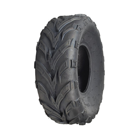 19x7.00-8 Tire with QD116 V-Tread for Baja Mini Bikes MB165 & MB200, ATVs, & Go Karts, showcasing an aggressive V-pattern tread for superior traction and control in various riding conditions.