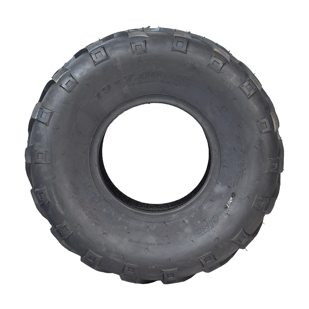 19x7.00-8 V-Tread Tire for the Realtree RT200 196cc Mini Bike featuring an aggressive V-tread design ideal for off-road conditions, providing enhanced traction and control on various terrains.