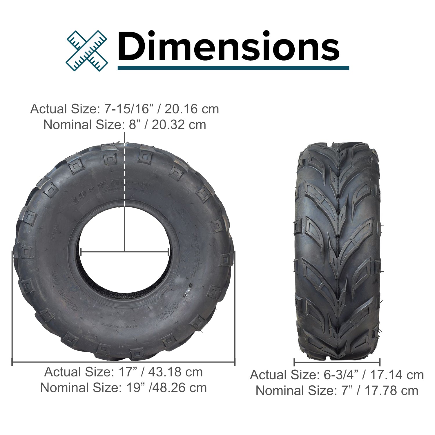 19x7.00-8 Tire with QD116 V-Tread for Baja Mini Bikes MB165 & MB200, ATVs, & Go Karts, showing aggressive V-tread pattern for superior traction and control in various terrains.