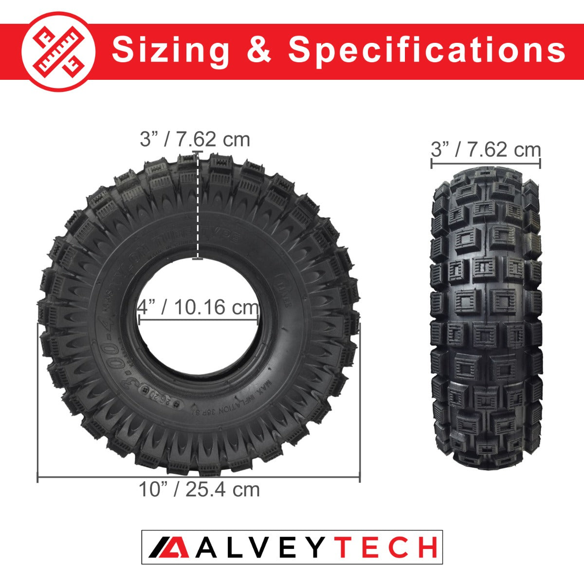 Tire size comparison of the 10x3 (3.00-4, 260x85) Scooter, ATV, & Go Kart Tire with Q113 Knobby Tread, including a close-up of the tire's tread and measuring tape for dimension reference.