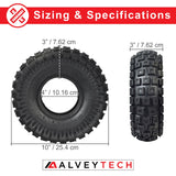 Tire size comparison of the 10x3 (3.00-4, 260x85) Scooter, ATV, & Go Kart Tire with Q113 Knobby Tread, including a close-up of the tire's tread and measuring tape for dimension reference.