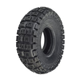 10x3 (3.00-4, 260x85) Scooter, ATV, & Go Kart Tire with Q113 Knobby Tread, showing a close-up of the aggressive tread pattern for enhanced off-road traction, featuring a central hole.