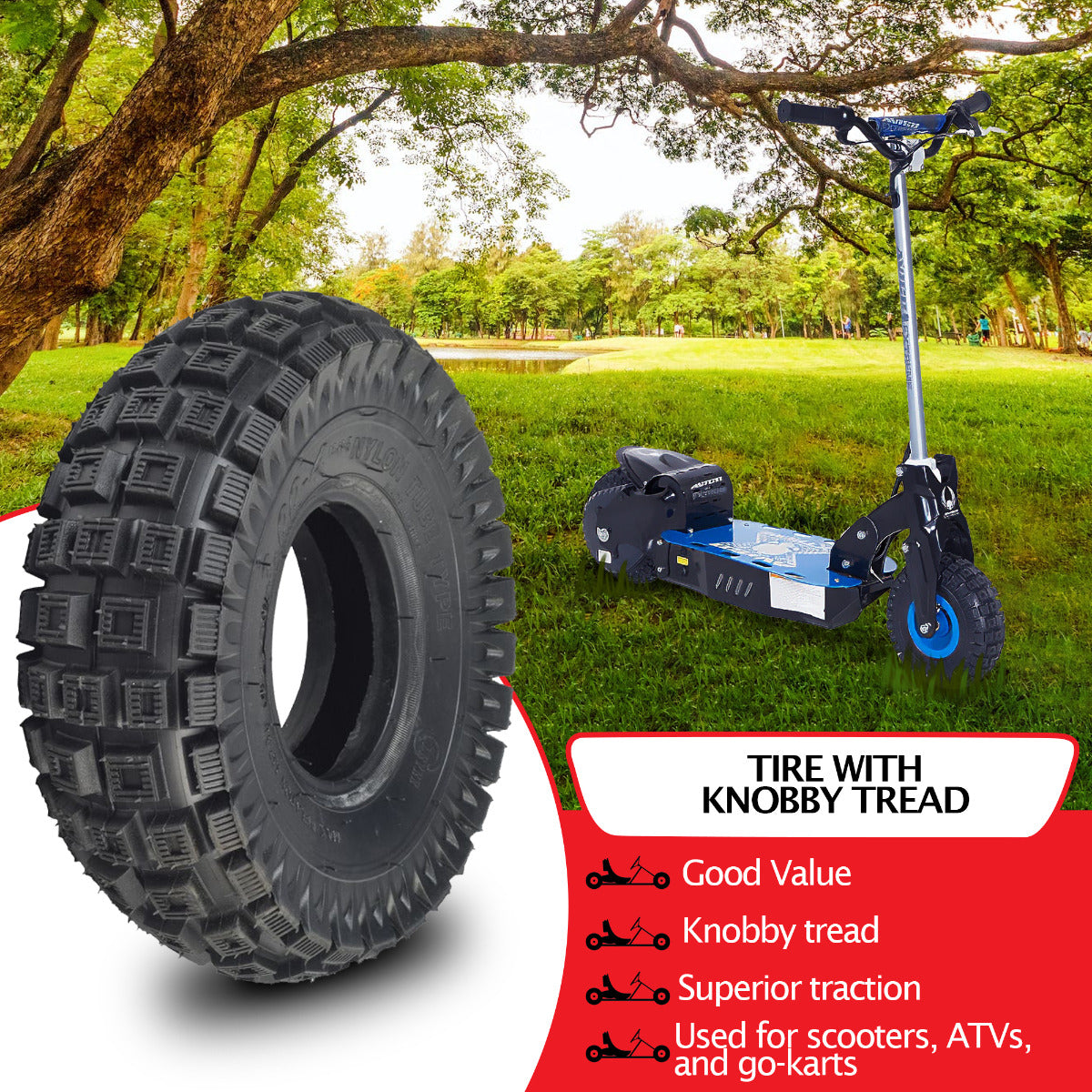 10x3 (3.00-4, 260x85) Scooter, ATV, & Go Kart Tire with Q113 Knobby Tread displayed next to a scooter, highlighting its off-road capabilities and compatibility with various vehicles.