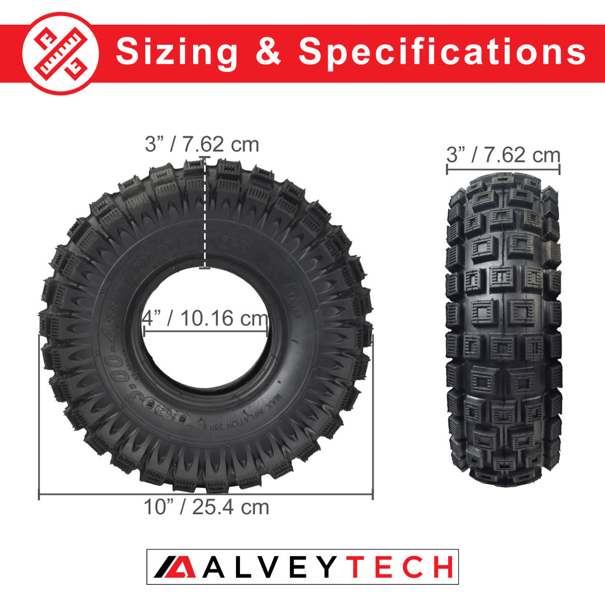 10x3 (3.00-4, 260x85) Knobby Tire for the Motovox MVS10 Stand Up Scooter shown in a size comparison with measurements, highlighting its aggressive tread pattern for enhanced off-road traction.