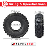 10x3 (3.00-4, 260x85) Knobby Tire for the Motovox MVS10 Stand Up Scooter shown in a size comparison with measurements, highlighting its aggressive tread pattern for enhanced off-road traction.