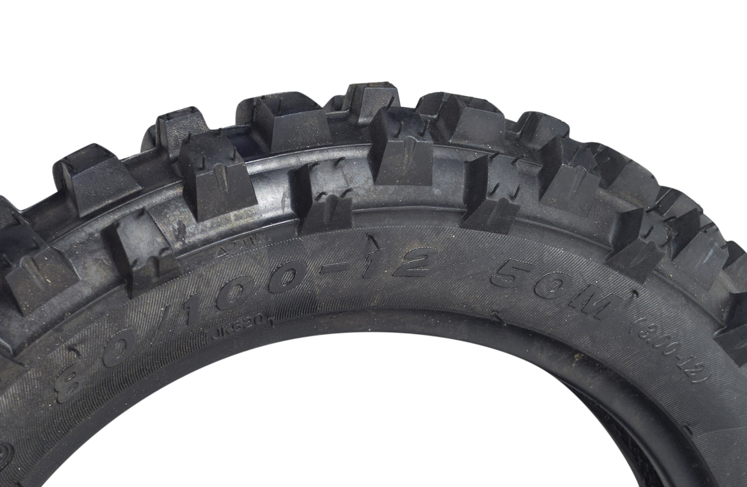 Close-up of a 3.00-12 (80/100-12) tire with JK620 knobby tread, designed for Baja, Coolster, and Honda dirt bikes.