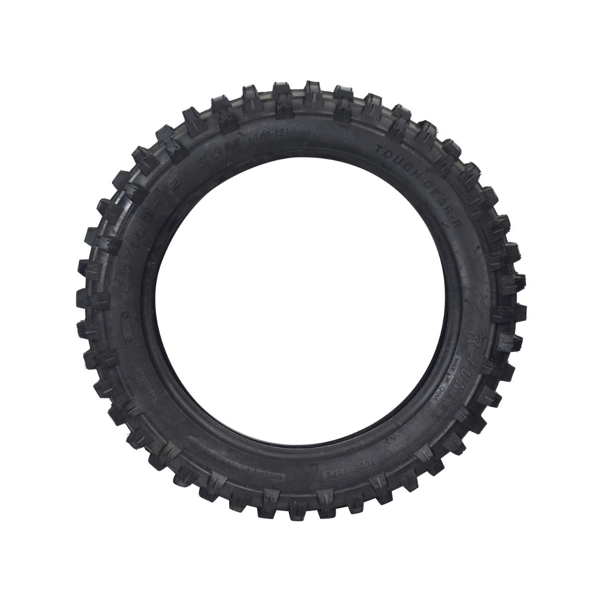 3.00-12 (80/100-12) Tire with JK620 Knobby Tread for Baja, Coolster, & Honda Dirt Bikes, featuring a durable black rubber with prominent treads, suitable for 70cc mini dirt bikes.