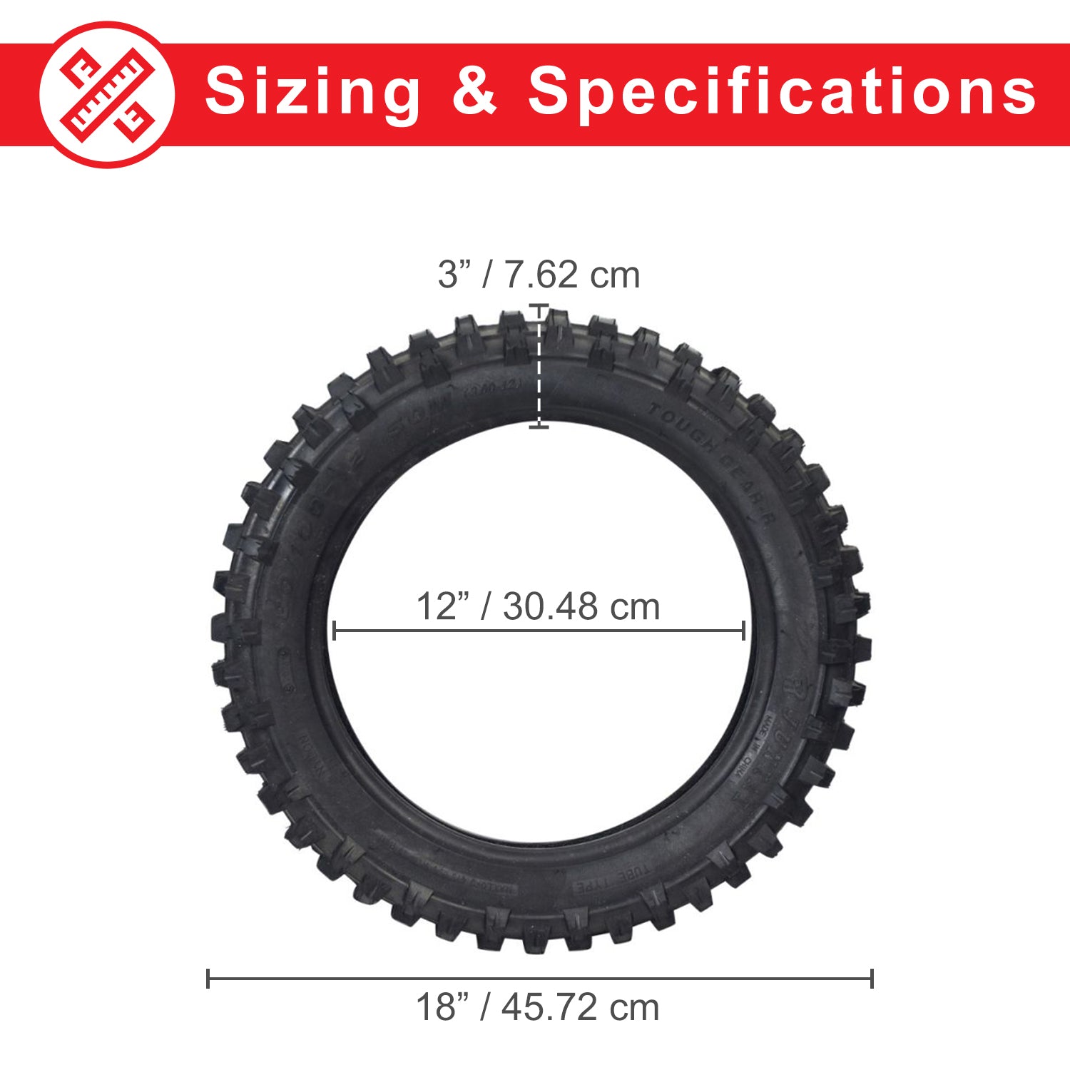 3.00-12 (80/100-12) Tire with JK620 Knobby Tread for Baja, Coolster, & Honda Dirt Bikes displayed with a size chart, showing detailed measurements and specifications.