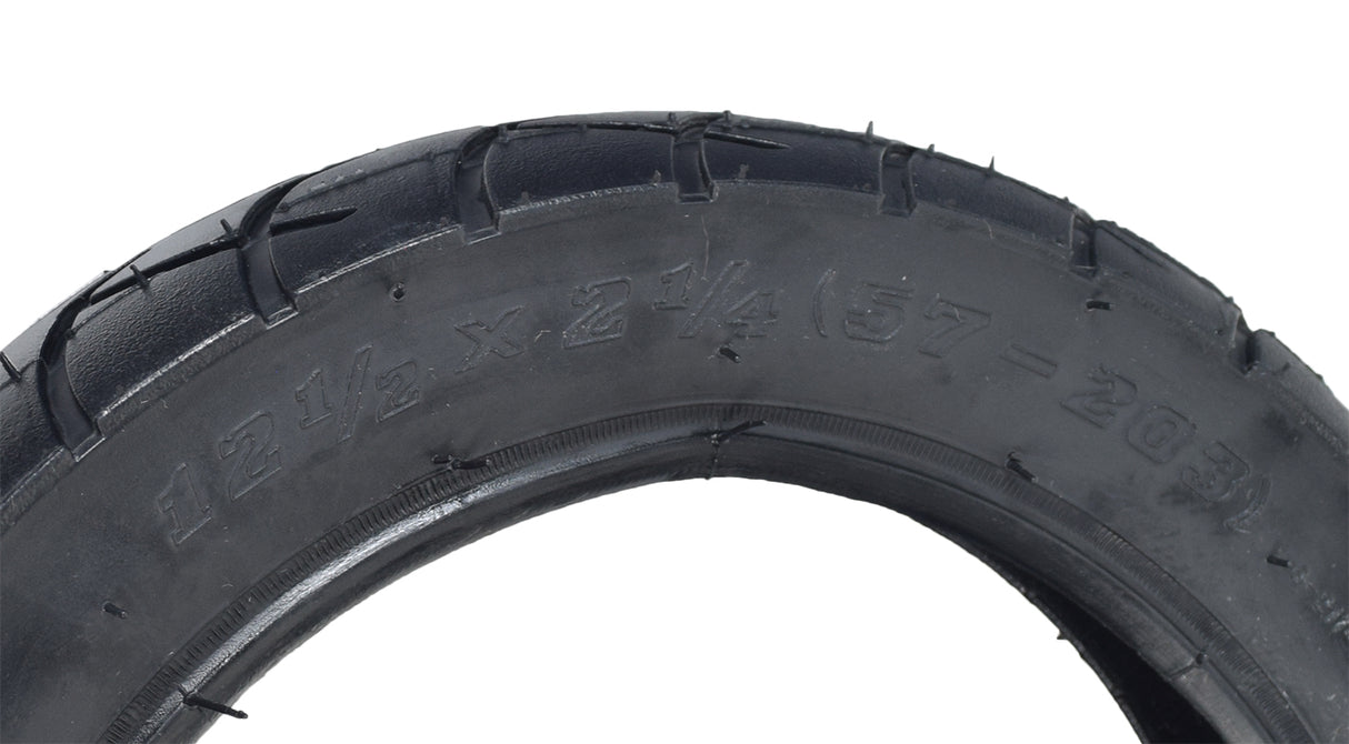 12-1/2x2-1/4 Tire & Inner Tube Set for the Razor RSF350 showcasing a black tire with distinct tread and visible writing, bundled with an inner tube featuring a straight Schrader valve stem.