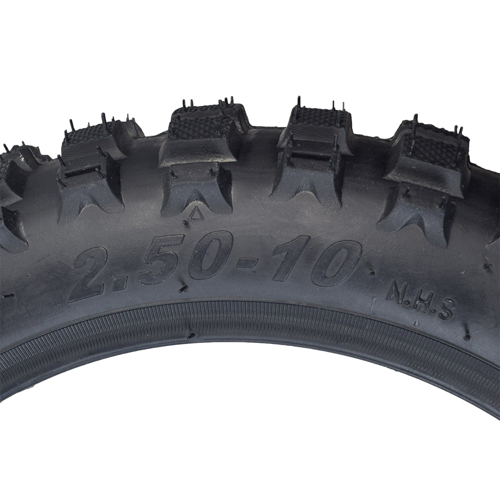 2.50-10 Dirt Bike Tire with Knobby Tread Pattern, close-up showing durable black treads, designed for mini dirt bikes like Razor MX500, MX650, Coolster, Baja, and more.