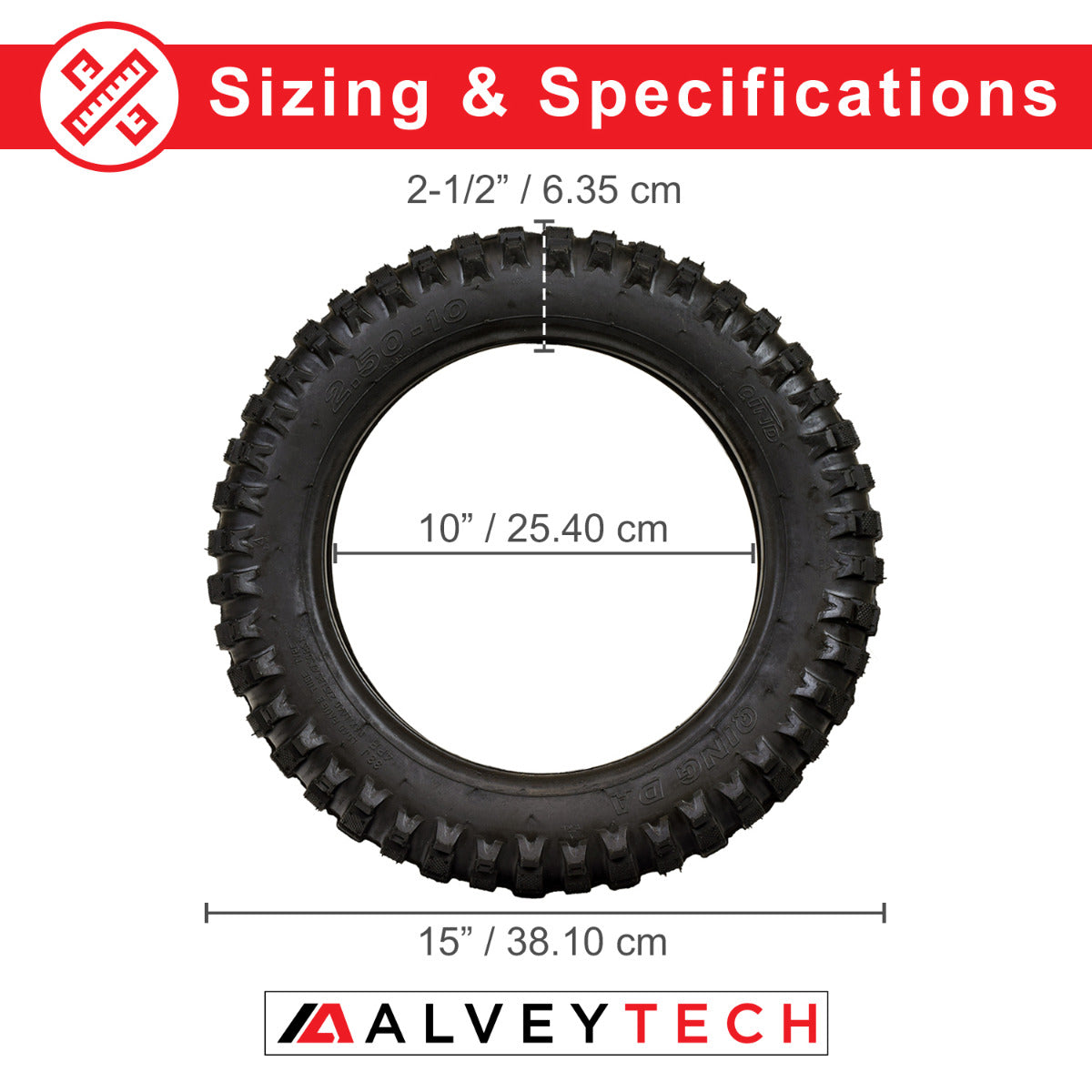 2.5-10 Tire & Tube Set for Baja, Honda, Minimoto, Motovox, & Razor Dirt Bikes shown with a detailed tire size chart and measurements.