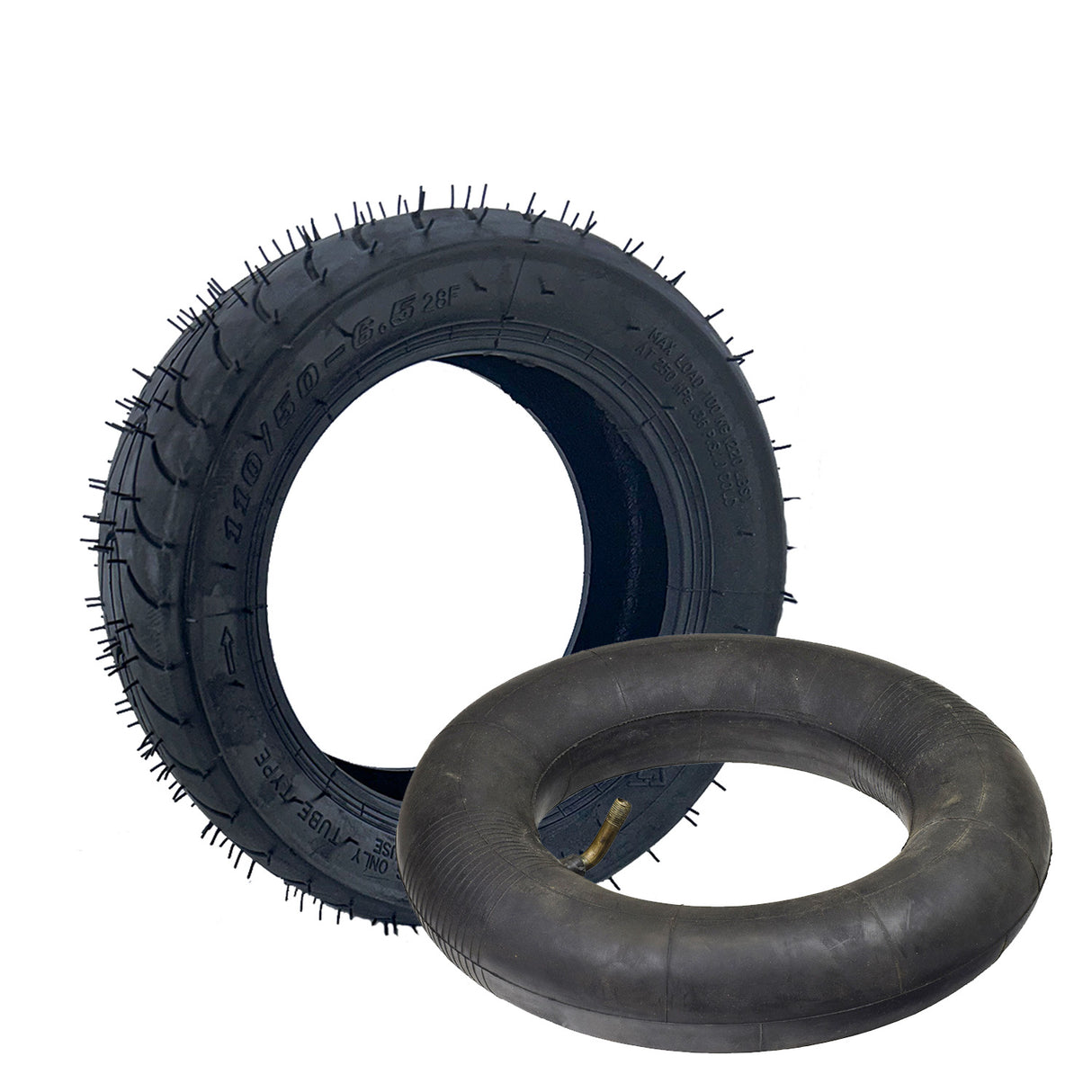 110/50-6.5 Tire for the Jetson® Junior Electric Mini Bike, featuring shallow grooved tread and an optional inner tube with an angled valve stem for easy inflation.