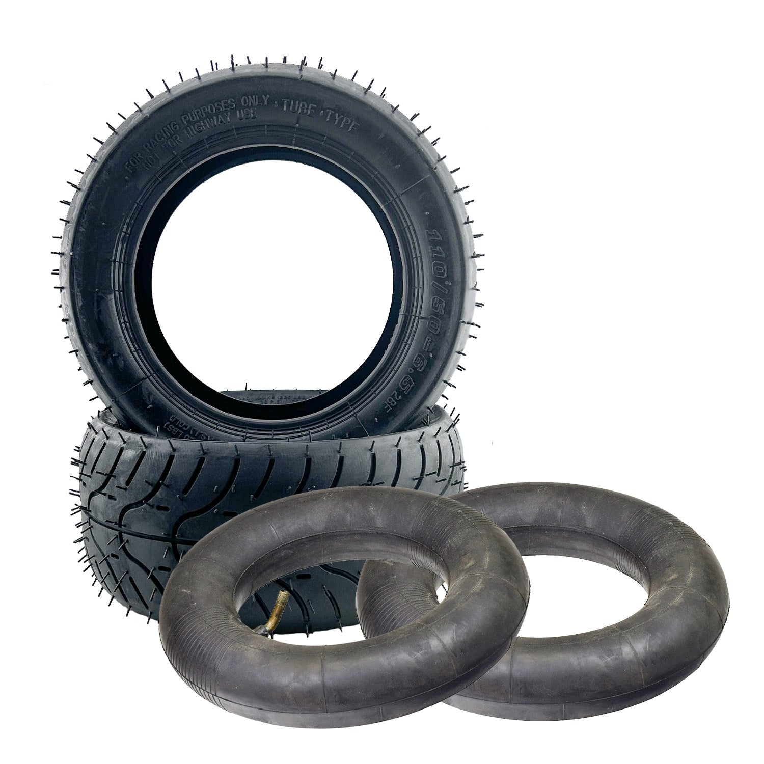 110/50-6.5 Tire for the Jetson® Junior Electric Mini Bike, featuring a stack of tires with shallow grooved tread for excellent traction. Includes options for inner tubes with angled valve stems.