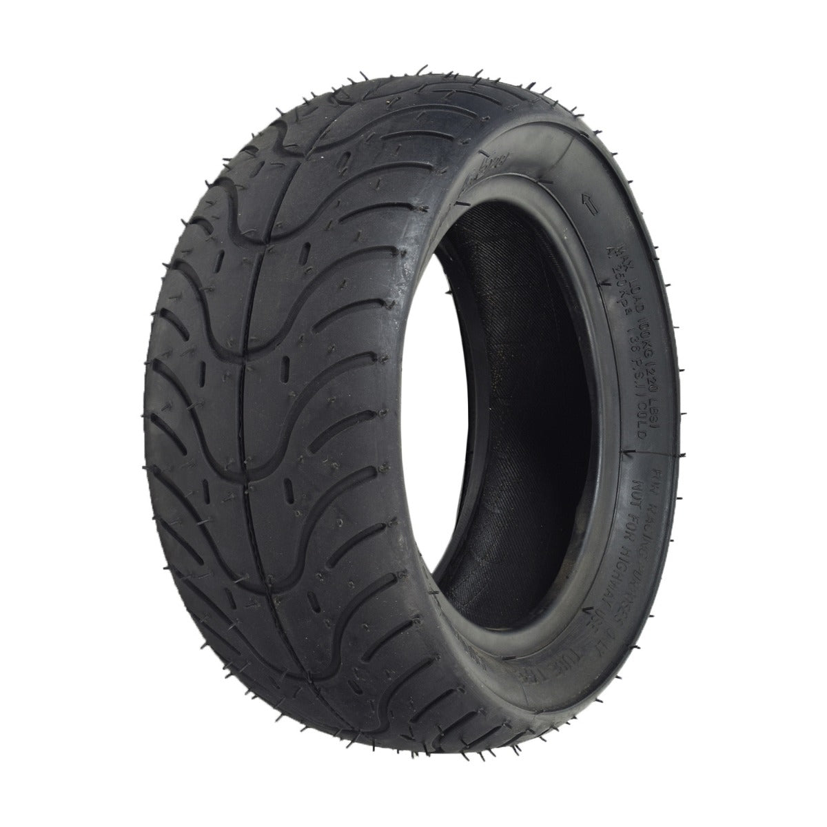 110/50-6.5 Tire for Mini Bikes featuring black rubber with shallow grooved tread and a black rim, designed for various mini pocket bikes.