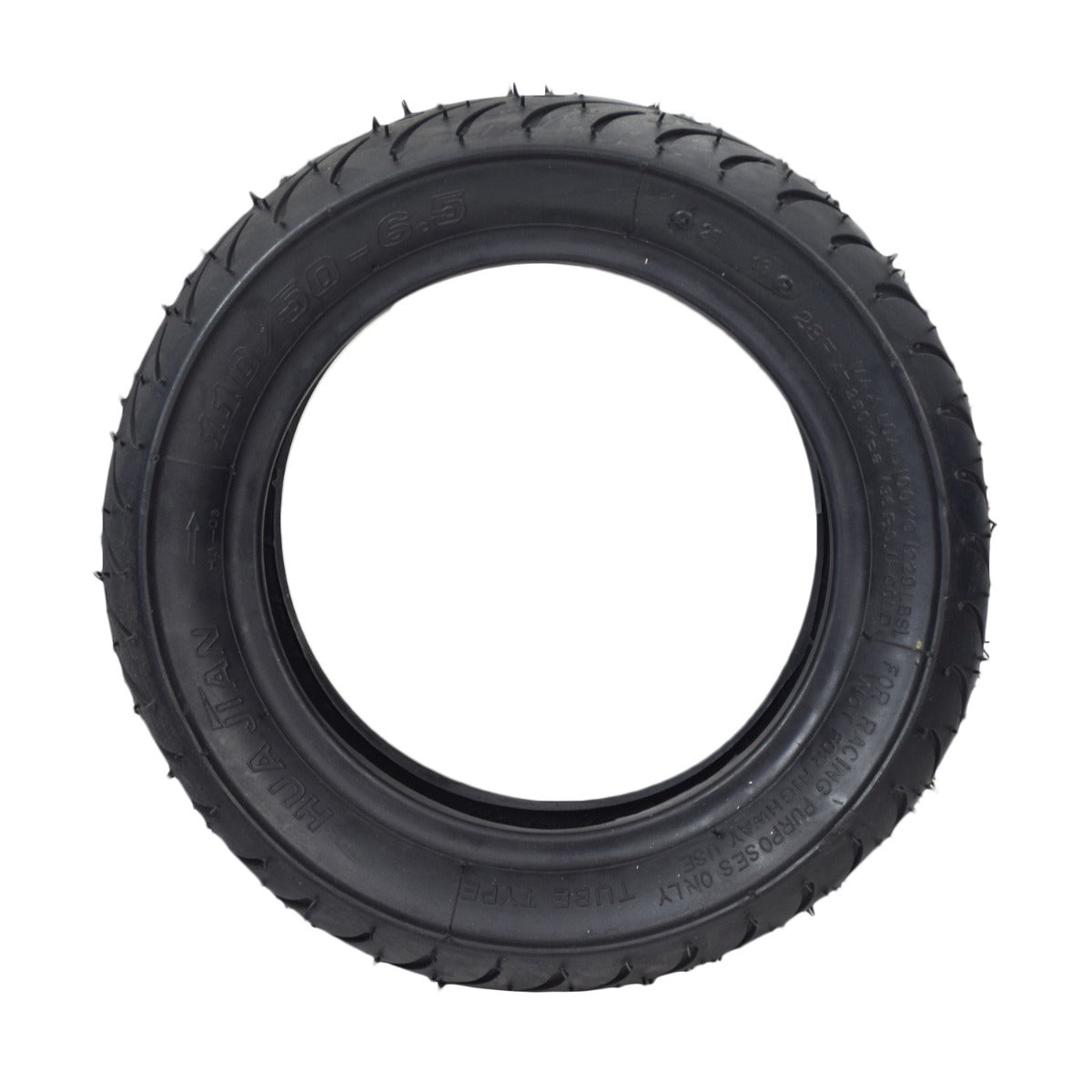 110/50-6.5 Tire for the MotoTec MT-MB 24 Volt Electric Mini Bike, featuring a shallow grooved tread for excellent traction, shown as a black tire on a white background.