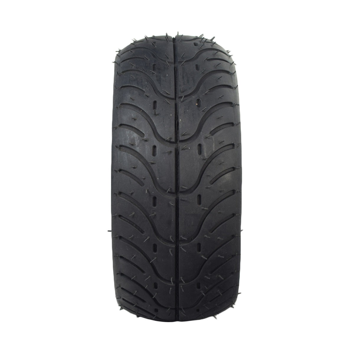 110/50-6.5 Tire for the MotoTec MT-MB 24 Volt Electric Mini Bike, featuring shallow grooved tread and spikes for excellent traction, visible in close-up.