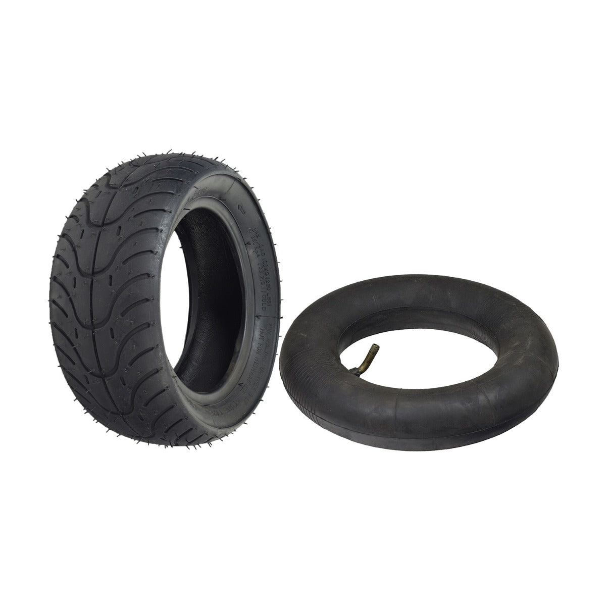 110/50-6.5 Tire for MotoTec MT-MB 24 Volt Electric Mini Bike with shallow grooved tread for excellent traction, shown with and without the recommended inner tube featuring an angled valve stem.