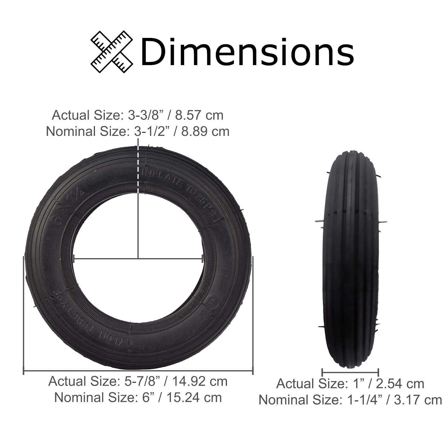 6x1.25 Pneumatic Scooter Tire shown with measurements and cross-sectional view, ideal for Pulse Sonic and Super-B electric scooters, available with or without an inner tube featuring an angled Schrader valve stem.