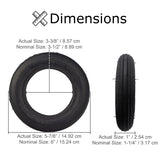 6x1.25 Pneumatic Scooter Tire shown with measurements and cross-sectional view, ideal for Pulse Sonic and Super-B electric scooters, available with or without an inner tube featuring an angled Schrader valve stem.