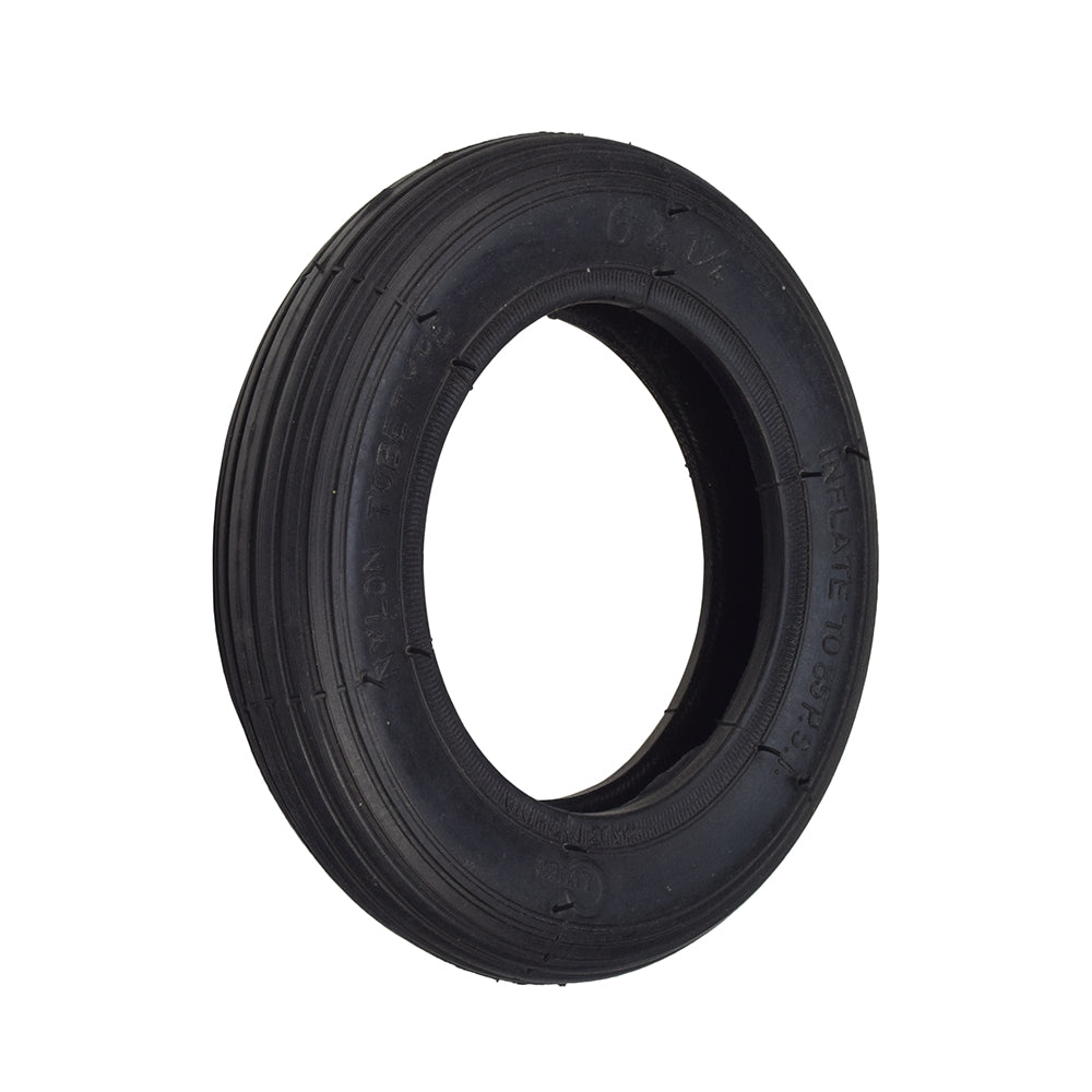 6x1.25 Pneumatic Scooter Tire for Pulse Sonic and Super-B models, featuring a central hole and tread pattern. Ideal for rear wheels, available with or without an angled Schrader valve inner tube.