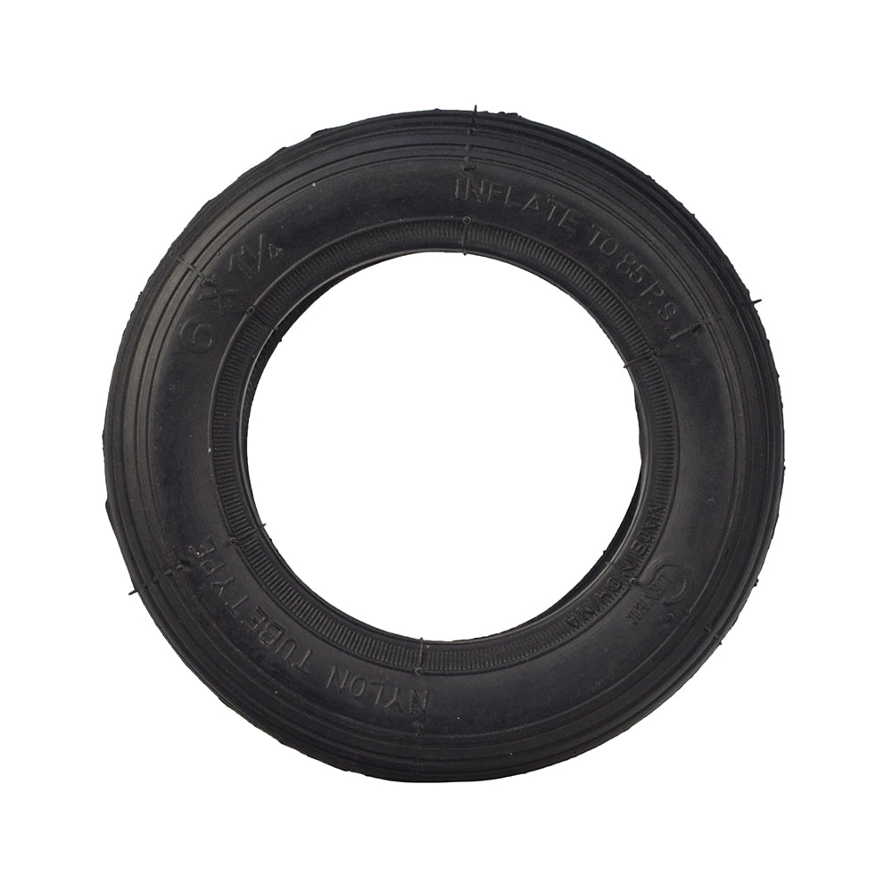 6x1.25 Pneumatic Scooter Tire, shown as a black tire with defined tread, ideal for rear wheels on Pulse Sonic and Super-B scooters, available with or without an angled Schrader valve inner tube.