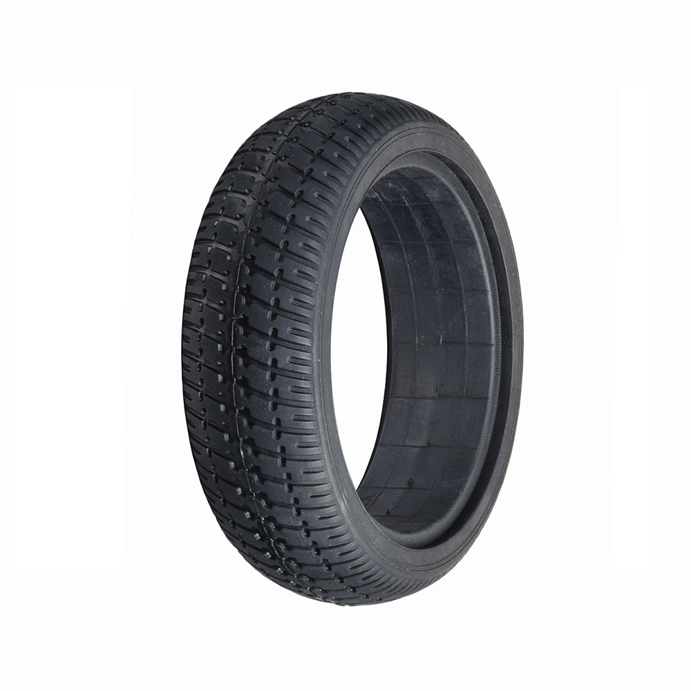 6.5 Tire for Self Balancing Hoverboards, a black solid tire with tread, designed for hard surface riding on hoverboards, featuring a black rim and non-inflatable construction.