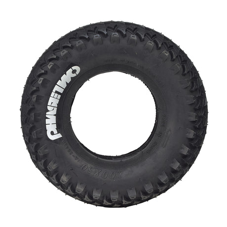 200x50 (8x2) Tire for Razor Phase Two & RDS Dirt Scooters, showcasing a close-up of the tire's tread pattern and white text, designed specifically for off-road kick scooters.