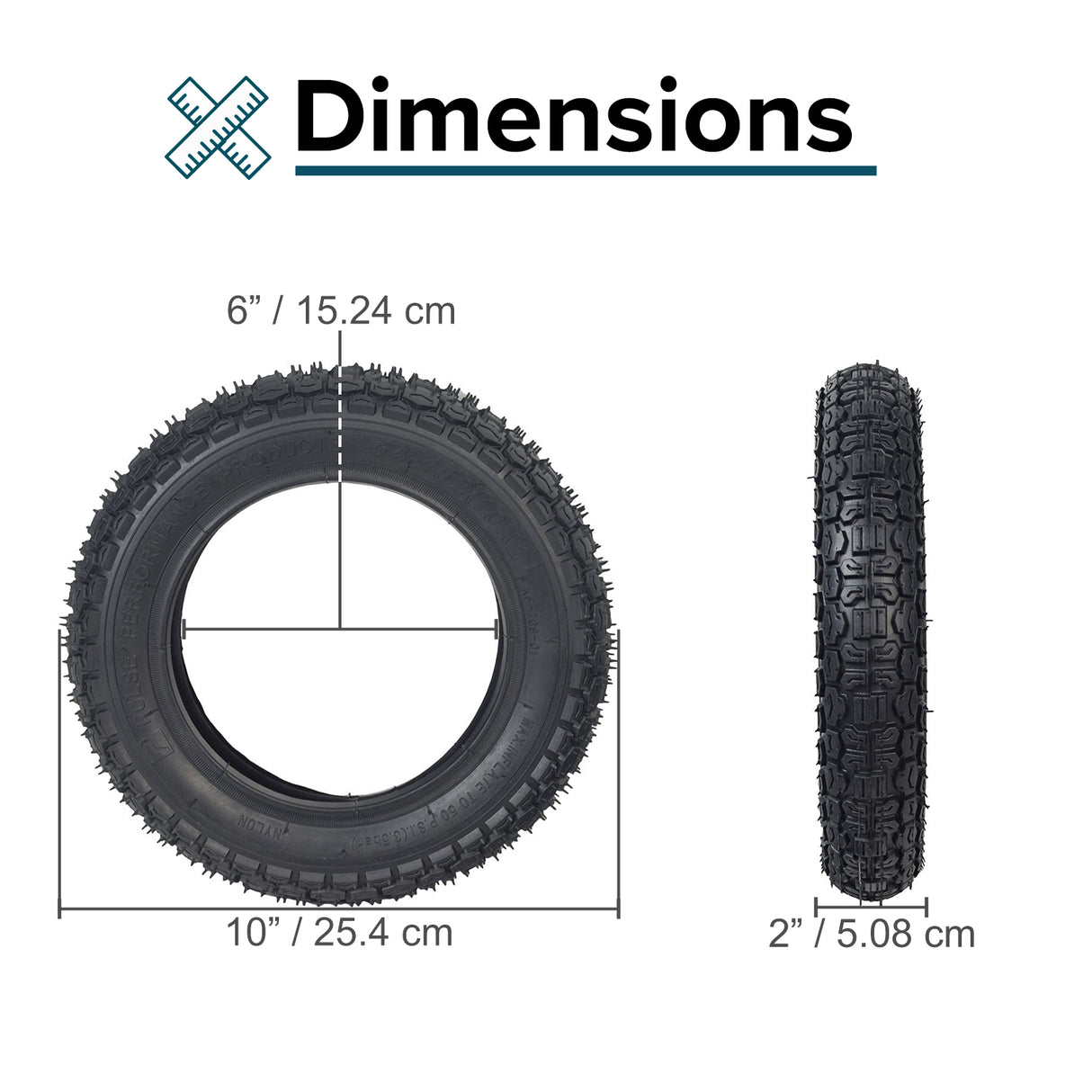 10x2 (54-152) Dirt Bike & Scooter Tire with KF709 tread, shown in a size comparison chart and a close-up view of the tread pattern, highlighting its mildly aggressive design.